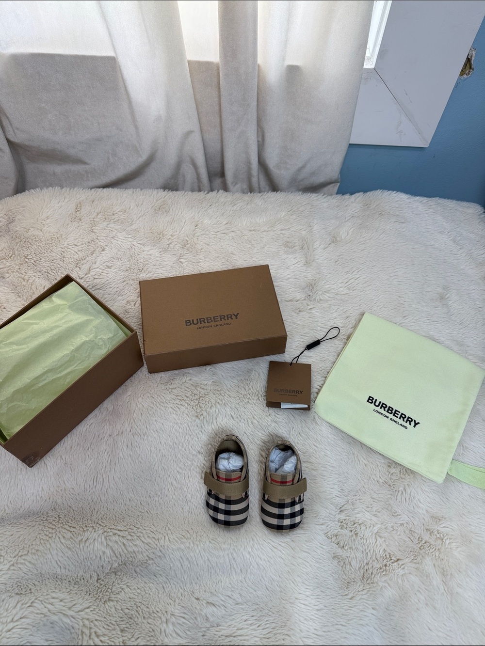 Burberry Beige Black Check Baby Walker Shoes with Tan Strap